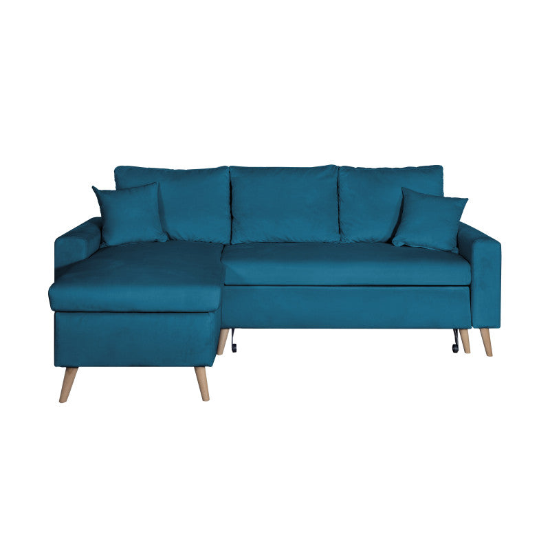 DOVIKV - Canapé d'angle scandinave convertible réversible avec coffre en velours - Bleu pétrole