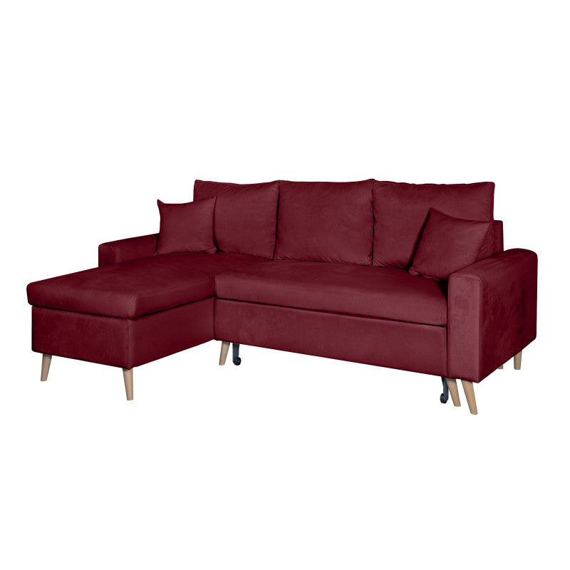 DOVIKV - Canapé d'angle scandinave convertible réversible avec coffre en velours - Bordeaux