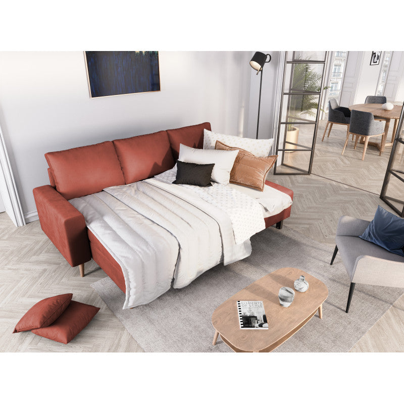 DOVIKV - Canapé d'angle scandinave convertible réversible avec coffre en velours - Rouge brique