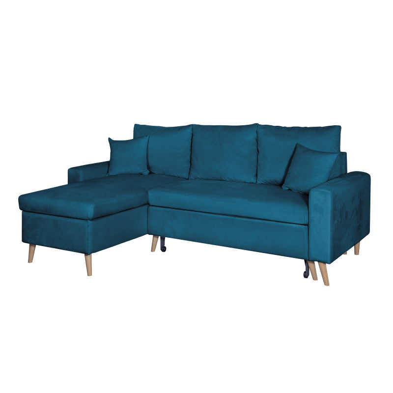 DOVIKV - Canapé d'angle scandinave convertible réversible avec coffre en velours - Bleu pétrole