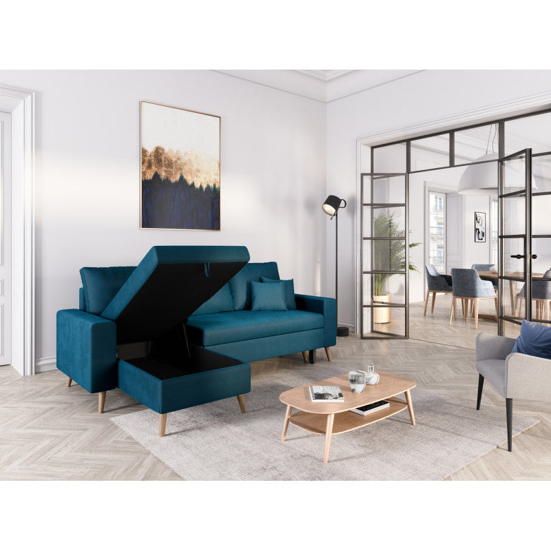 DOVIKV - Canapé d'angle scandinave convertible réversible avec coffre en velours - Bleu pétrole