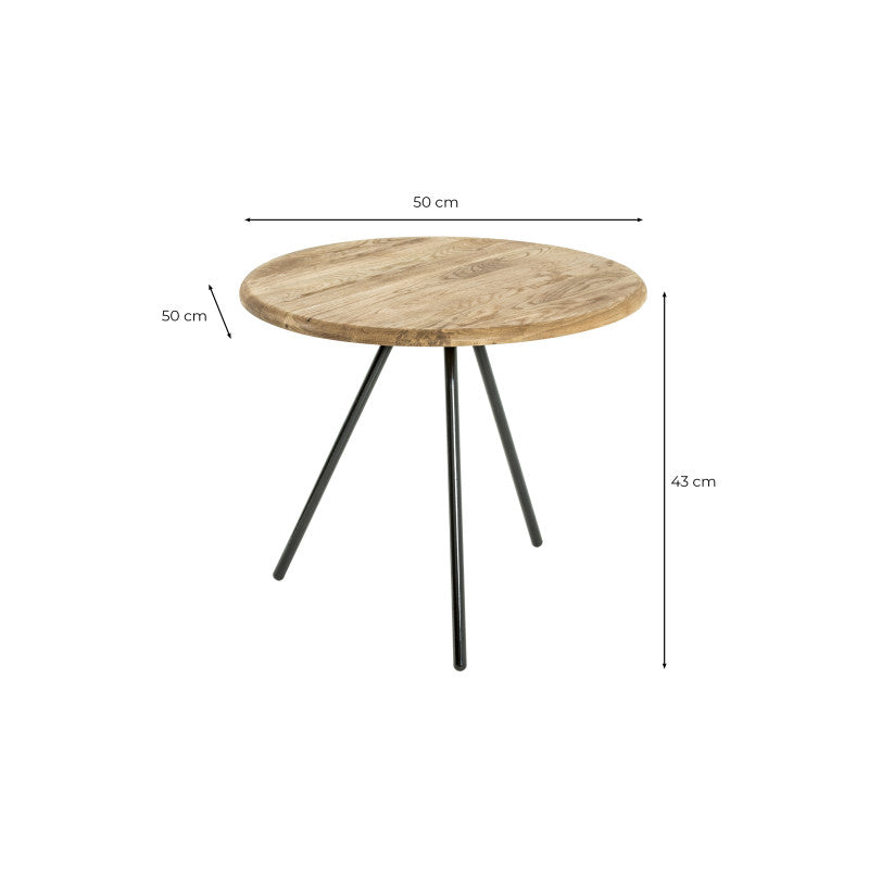 BORA - Table basse avec pieds en métal noir et plateau en chêne massif 50 cm - Bois