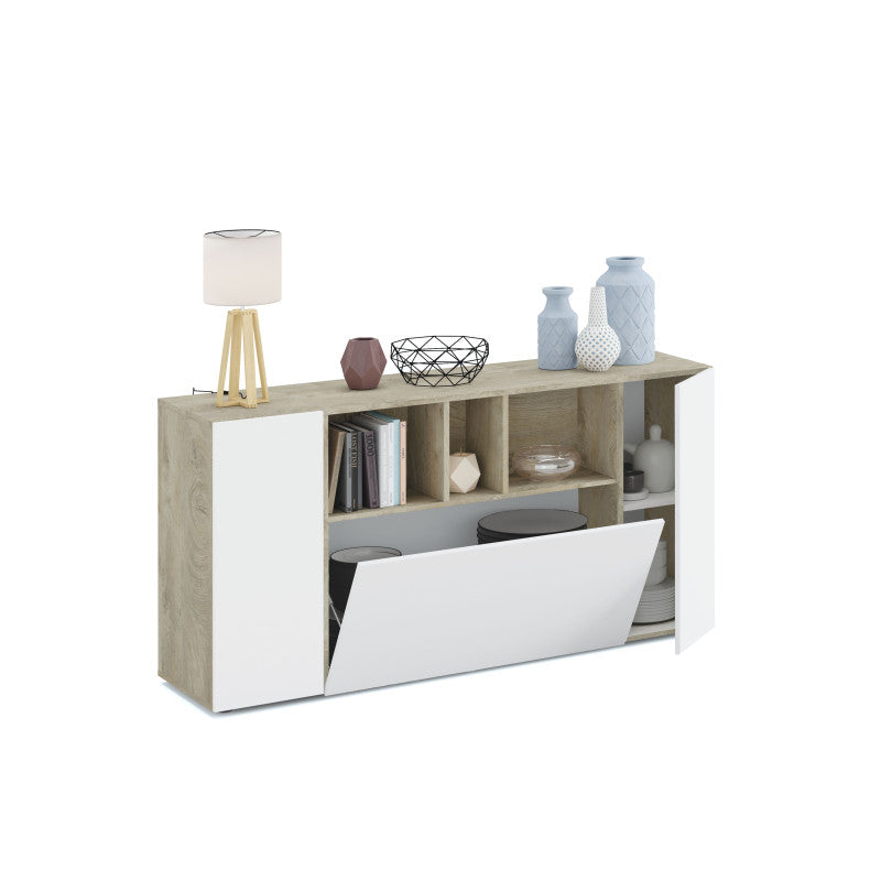 BELMONT - Buffet 3 portes et 3 niches L150cm - Blanc/chêne