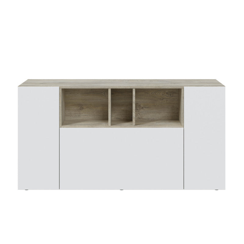 BELMONT - Buffet 3 portes et 3 niches L150cm - Blanc/chêne