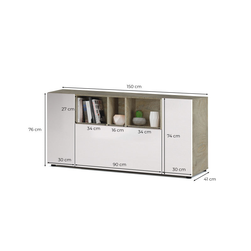 BELMONT - Buffet 3 portes et 3 niches L150cm - Blanc/chêne