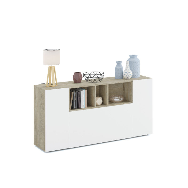 BELMONT - Buffet 3 portes et 3 niches L150cm - Blanc/chêne