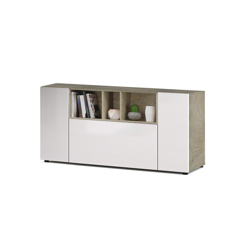 BELMONT - Buffet 3 portes et 3 niches L150cm - Blanc/chêne