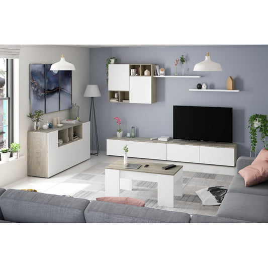 BELMONT - Ensemble TV mural 2 meubles bas, 2 étagères et un meuble haut - Blanc/chêne