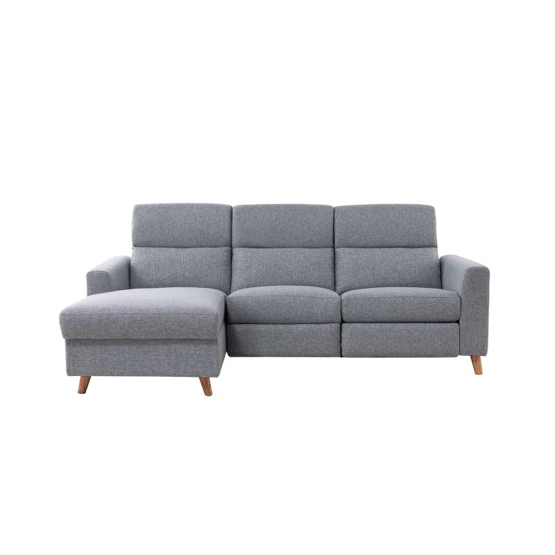 BERKAM - Canapé d'angle de relaxation scandinave avec coffre en tissu et pieds bois hêtre - Gris