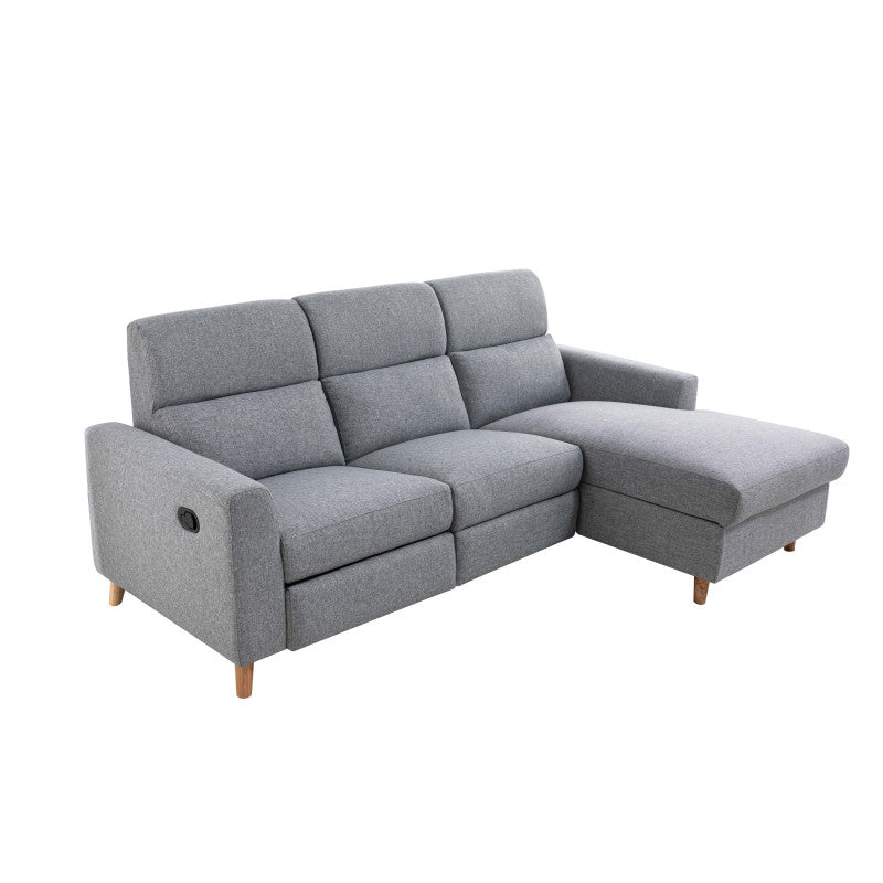 BERKAM - Canapé d'angle de relaxation scandinave avec coffre en tissu et pieds bois hêtre - Gris