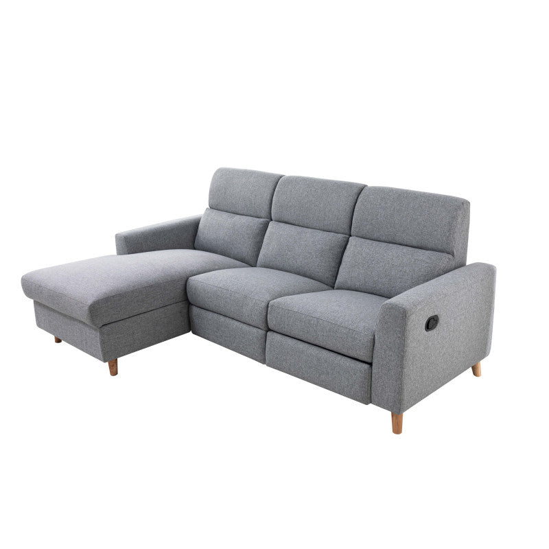 BERKAM - Canapé d'angle de relaxation scandinave avec coffre en tissu et pieds bois hêtre - Gris