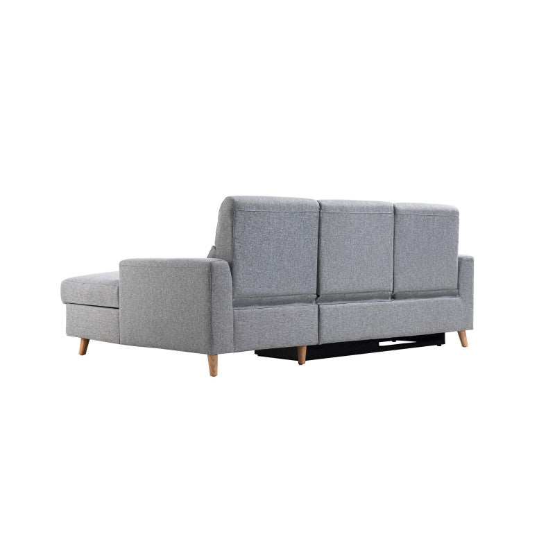 BERKAM - Canapé d'angle de relaxation scandinave avec coffre en tissu et pieds bois hêtre - Gris