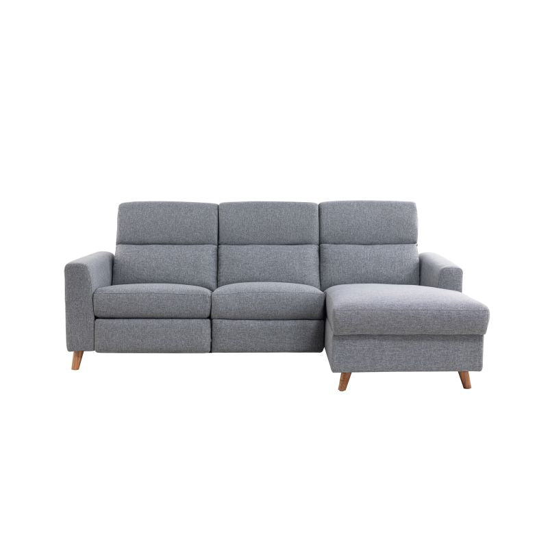 BERKAM - Canapé d'angle de relaxation scandinave avec coffre en tissu et pieds bois hêtre - Gris