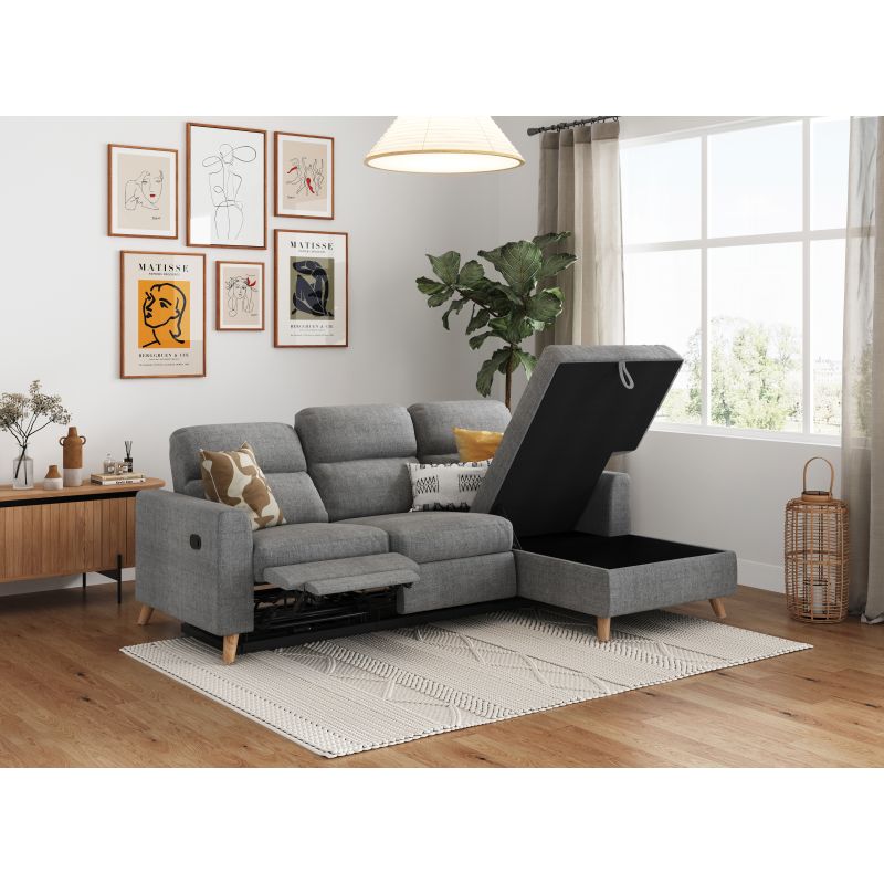 BERKAM - Canapé d'angle de relaxation scandinave avec coffre en tissu et pieds bois hêtre - Gris