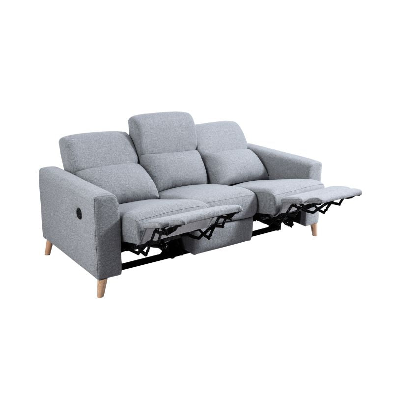 BERKAM - Canapé de relaxation électrique scandinave 3 places en tissu et pieds bois hêtre - Gris