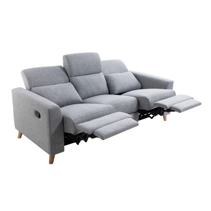 BERKAM - Canapé de relaxation manuel scandinave 3 places en tissu et pieds bois hêtre - Gris