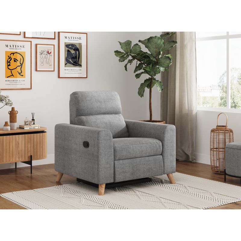 BERKAM - Fauteuil de relaxation scandinave en tissu et pieds bois hêtre - Gris