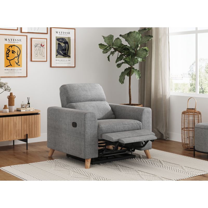 BERKAM - Fauteuil de relaxation scandinave en tissu et pieds bois hêtre - Gris