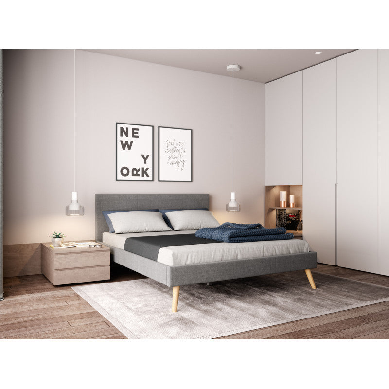 LYNOR - Cadre de lit style scandinave en tissu avec pieds bois - Gris clair - 160x200 cm