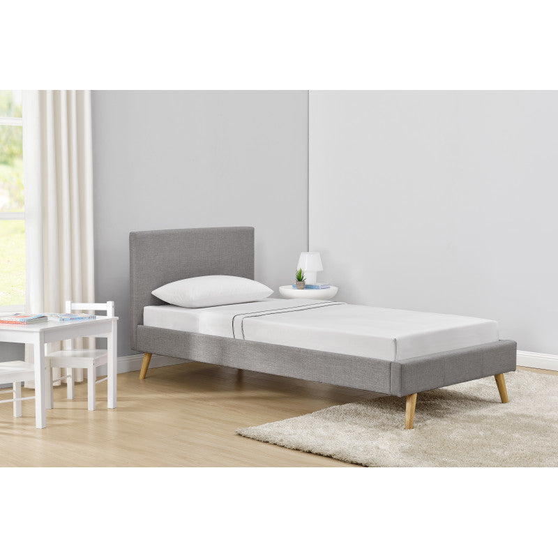 LYNOR - Cadre de lit style scandinave en tissu avec pieds bois - Gris clair - 90x190 cm