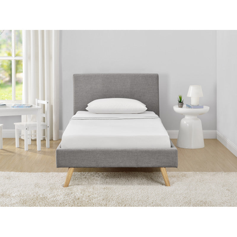 LYNOR - Cadre de lit style scandinave en tissu avec pieds bois - Gris clair - 90x190 cm