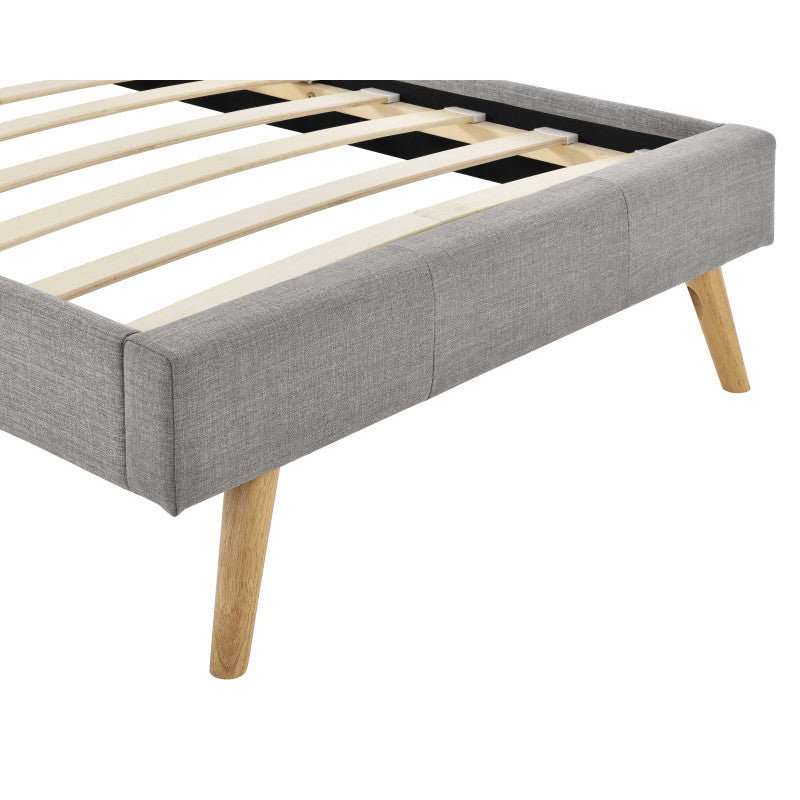 LYNOR - Cadre de lit style scandinave en tissu avec pieds bois - Gris clair - 90x190 cm