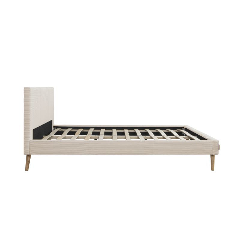 LYNOR - Cadre de lit style scandinave en velours côtelé avec pieds bois - Beige