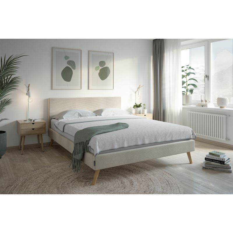 LYNOR - Cadre de lit style scandinave en velours côtelé avec pieds bois - Beige