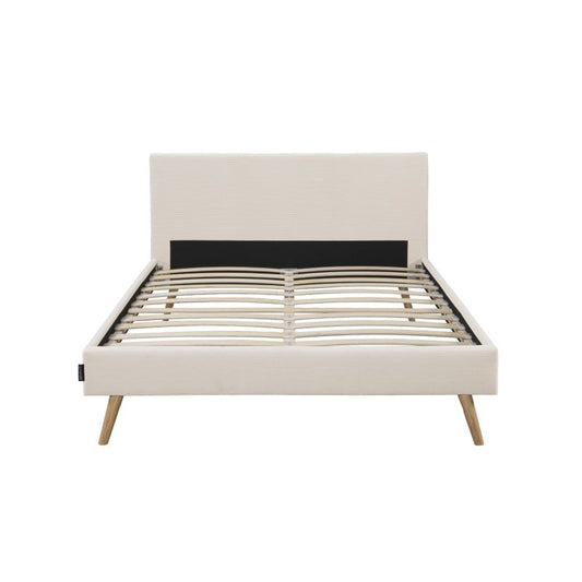 LYNOR - Cadre de lit style scandinave en velours côtelé avec pieds bois - Beige