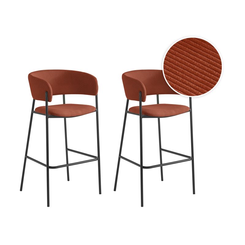 OMIA - Lot de 2 tabourets de bar en velours côtelé avec pieds noirs - Terracotta