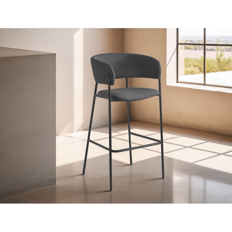 OMIA - Lot de 6 tabourets de bar en velours côtelé avec pieds noirs - Gris foncé
