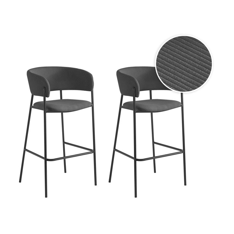 OMIA - Lot de 6 tabourets de bar en velours côtelé avec pieds noirs - Gris foncé