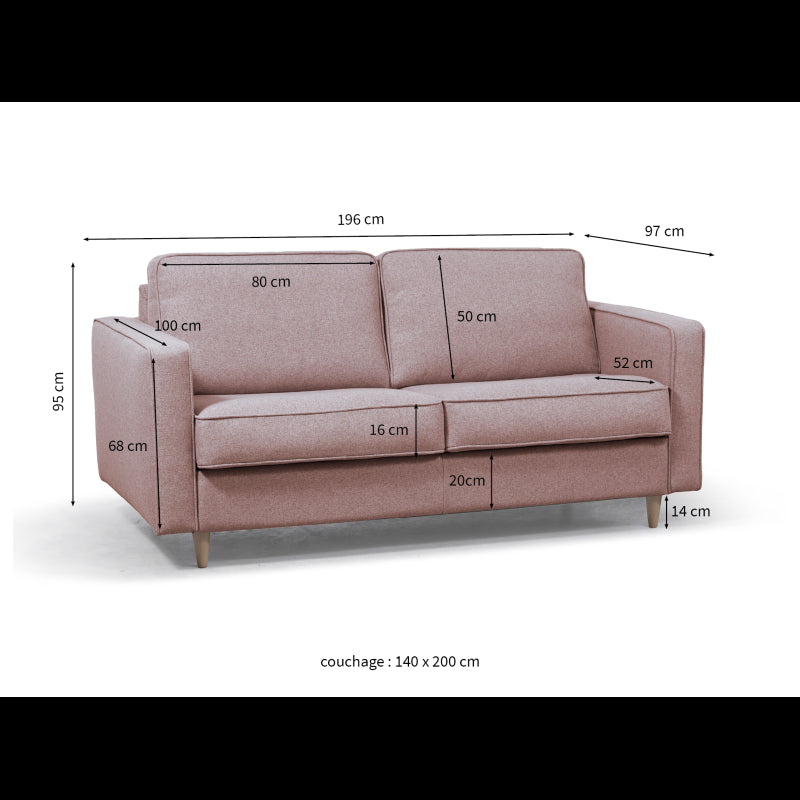 BOLI - Canapé convertible système couchage express 3 places scandinave en tissu - Rose