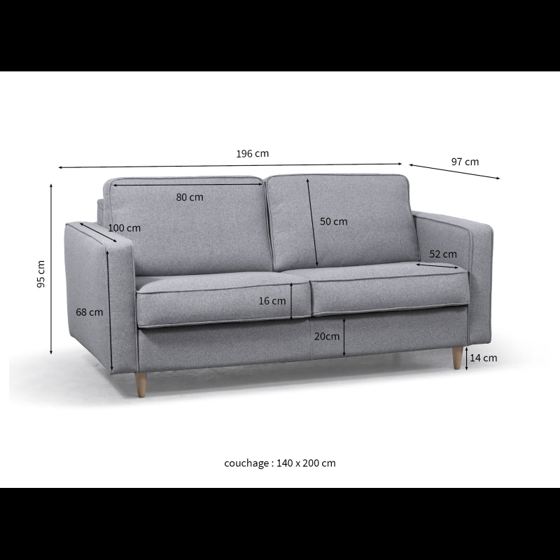 BOLI - Canapé convertible système couchage express 3 places scandinave en tissu - Gris clair