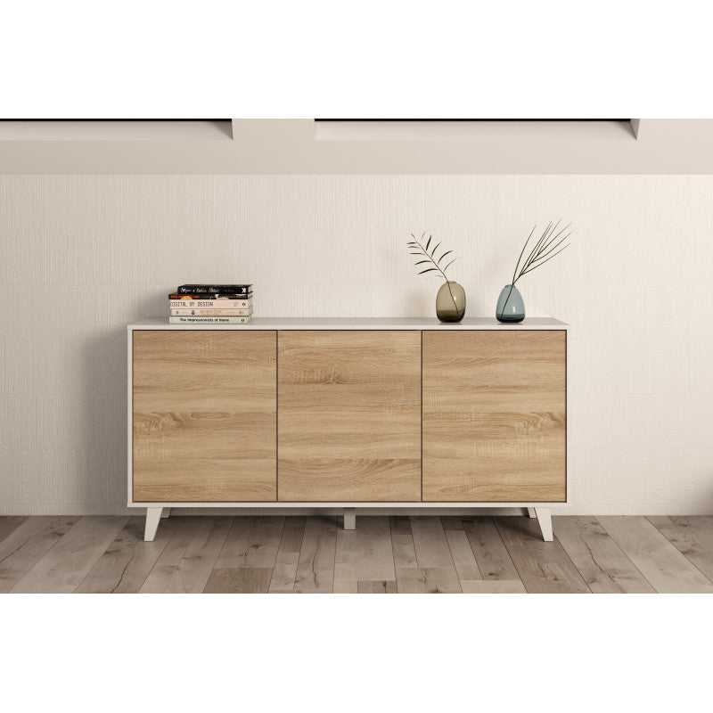 CADIX - Buffet scandinave 3 portes L154 cm - Blanc/chêne