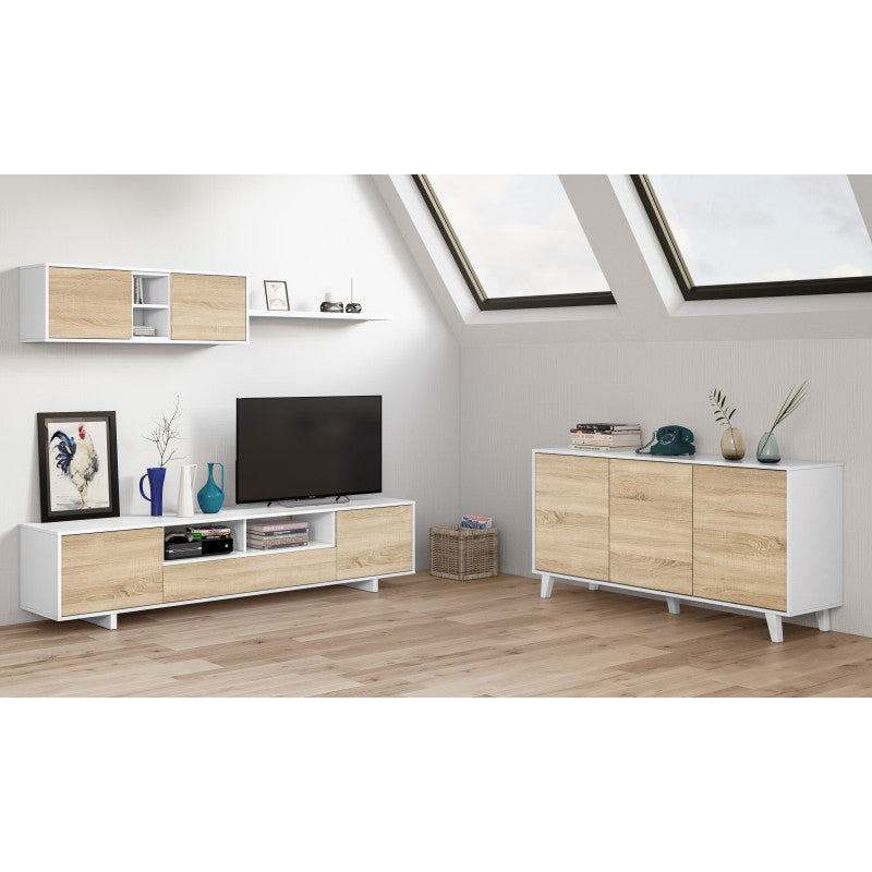 CADIX - Buffet scandinave 3 portes L154 cm - Blanc/chêne