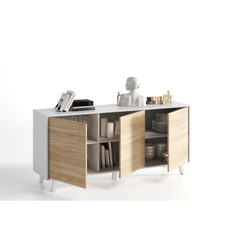 CADIX - Buffet scandinave 3 portes L154 cm - Blanc/chêne