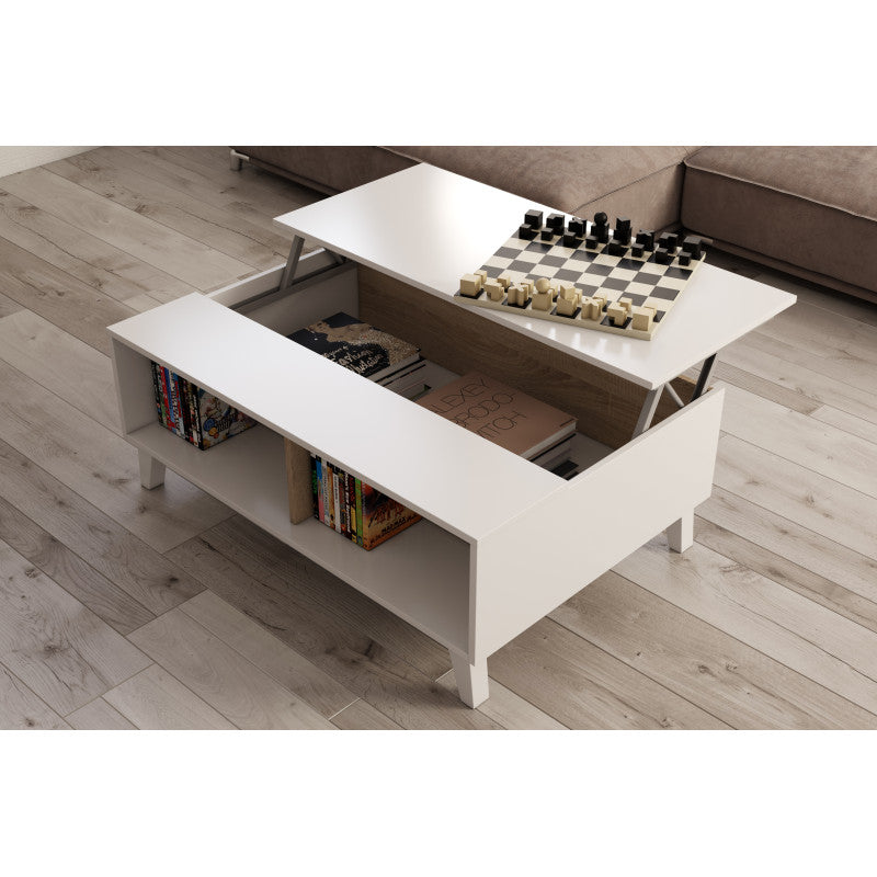 CADIX - Table basse avec panneau central relevable L100 x P68 cm - Blanc/chêne