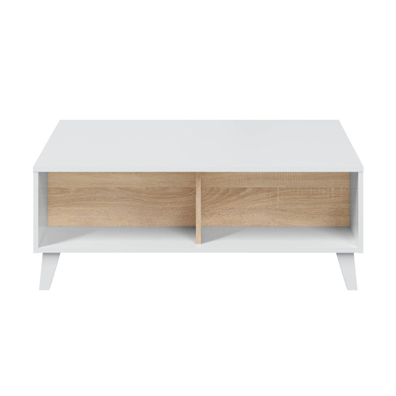 CADIX - Table basse avec panneau central relevable L100 x P68 cm - Blanc/chêne