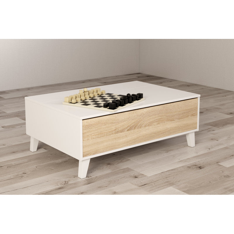 CADIX - Table basse avec panneau central relevable L100 x P68 cm - Blanc/chêne