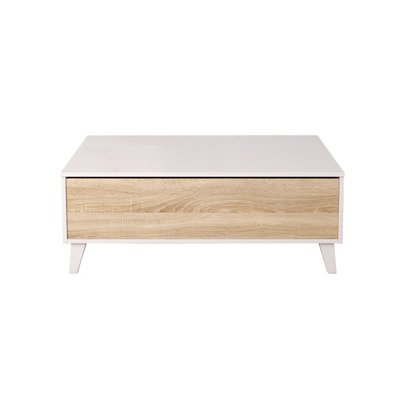 CADIX - Table basse avec panneau central relevable L100 x P68 cm - Blanc/chêne