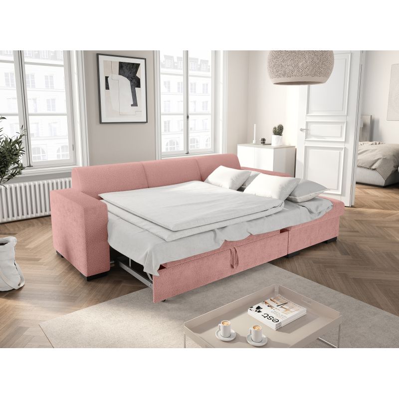 MARINA - Canapé d'angle convertible avec coffre en tissu bouclette - Rose