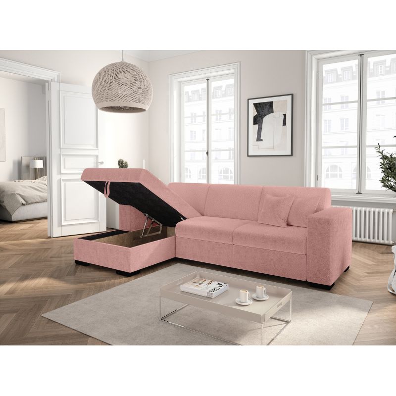 MARINA - Canapé d'angle convertible avec coffre en tissu bouclette - Rose