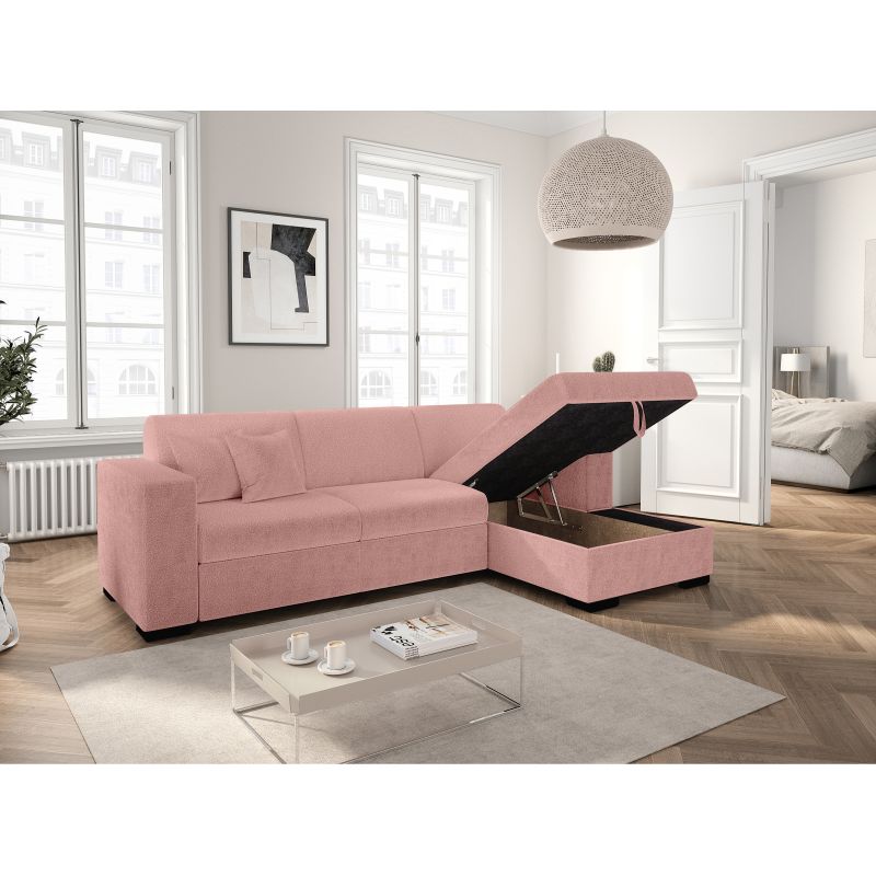 MARINA - Canapé d'angle convertible avec coffre en tissu bouclette - Rose