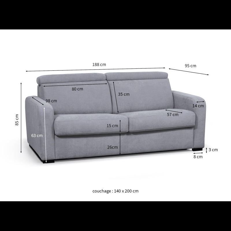 CAROLE - Canapé convertible système couchage express 3 places en tissu - Gris clair