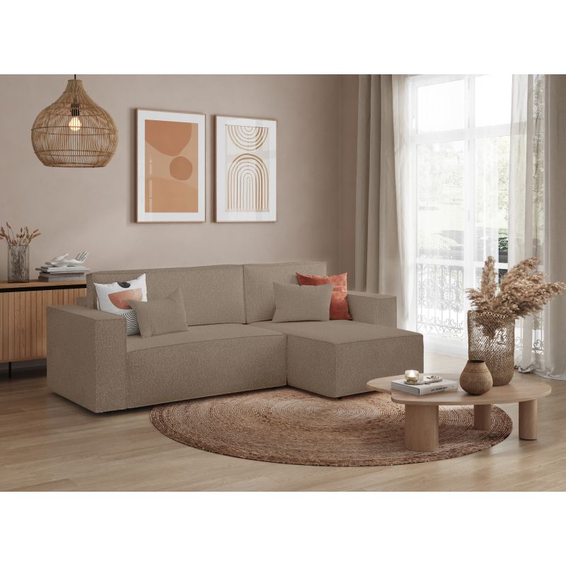 ZENTARA - Canapé d'angle convertible réversible avec coffre en tissu bouclette - Taupe