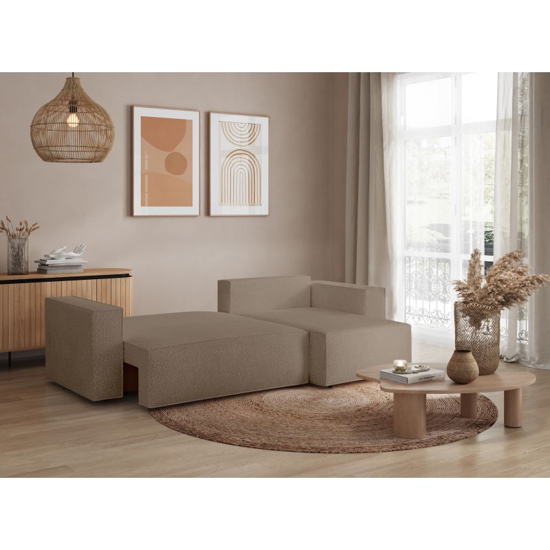 ZENTARA - Canapé d'angle convertible réversible avec coffre en tissu bouclette - Taupe