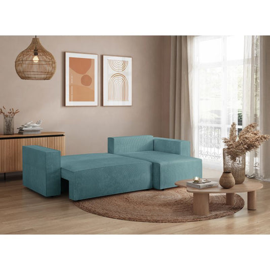 ZENTARA - Canapé d'angle convertible réversible avec coffre en velours côtelé - Bleu clair