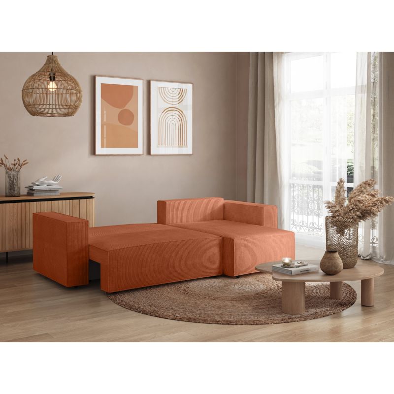 ZENTARA - Canapé d'angle convertible réversible avec coffre en velours côtelé - Terracotta