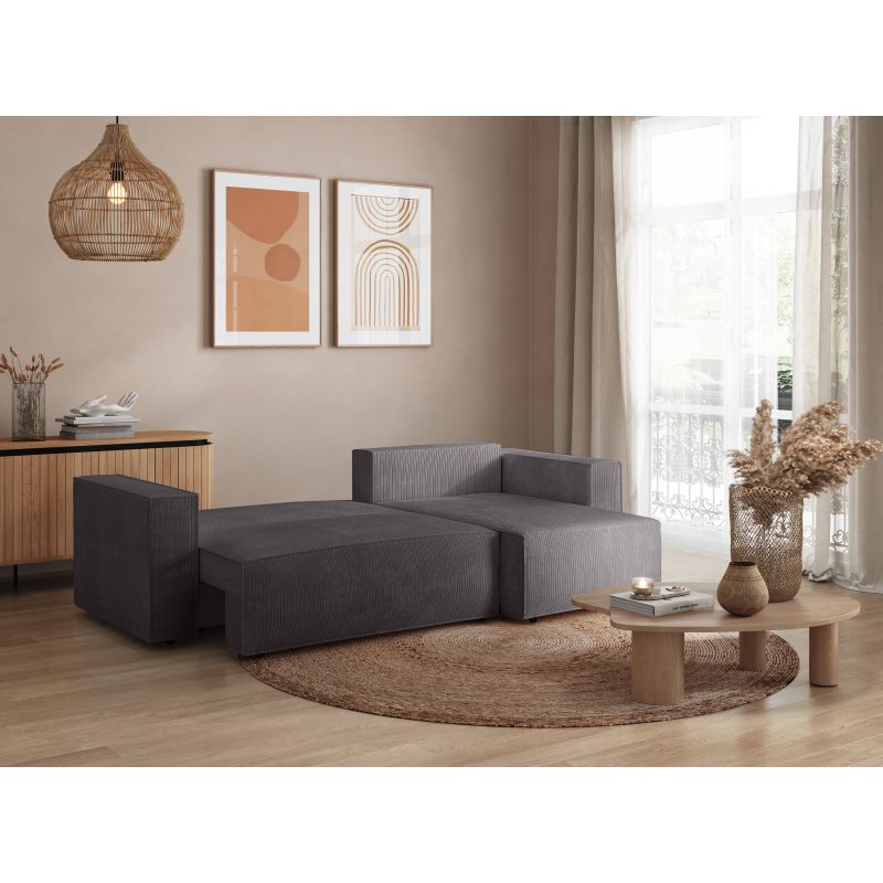 ZENTARA - Canapé d'angle convertible réversible avec coffre en velours côtelé - Gris foncé